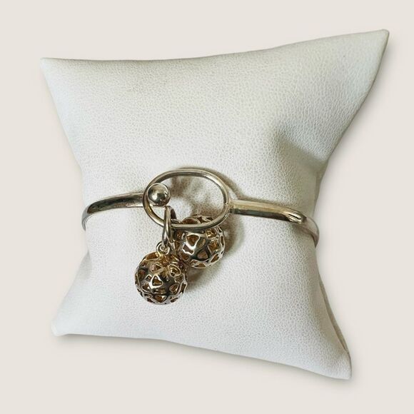 Silver .925 Bangle Bracelet stamped with 2 dangling ball charms - Picture 2 of 10